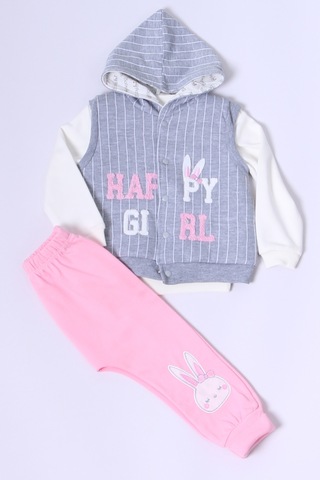 Kız Bebek Yelekli Takım Kapşonlu Çıtçıtlı Tavşan Baskılı A15 Pembe