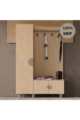 Ladin Mdf Raflı Askılıklı Ayaklı Tasarım Portmanto Ayakkabılık Bej