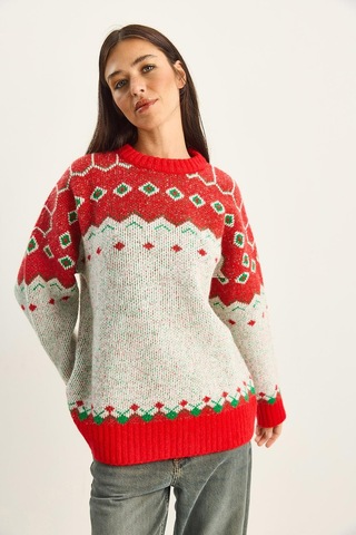 Shade Kadın Desenli Oversize Triko Kazak Tk251157 60283805 - Kırmızı-ekru Çok renkli