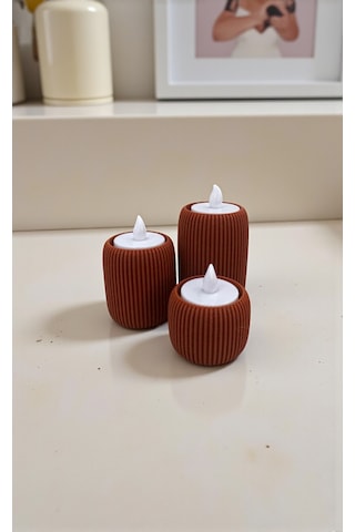 3 Lü Tealight Mumluk Seti Dekoratif Modern Silindir Tasarım-lüks Tasarım- Dekoratif Işık Seti Kahverengi