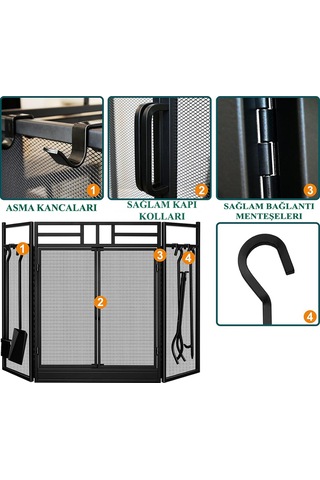 Metal 5 Parça Katlanabilir Kapaklı Şömine Maşa Siperlik Seti Siyah