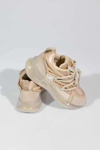 Dgn B1014 Kadin Kalin Taban Bağcikli Sneakers Ayakkabi Bej