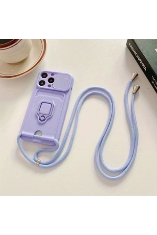 Honeybeeshop Mor İphone Uyumlu 16 Pro Max Kılıf Tam Koruma Yumuşak Kapak Makaron Boyun Askılı Düşmeye Dayanıklı Kabuk
