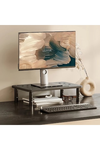 Xuweiwei Siyah Bir Ürün Siyah Ve Beyaz Karbon Çelik Monitör Standı Çok Fonksiyonlu Masa Düzenleyici Üç Yükseklik Ayarı Katlı Raf Laptop Tutucu