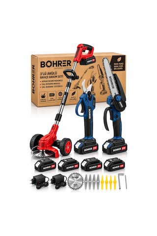 Böhrer Ba0115408 3 Lü Akülü Bahçe Bakım Seti Kenar Kesme Makinesi, Dal Budama Makası Ve Zincirli Dal Budama Testeresi 4 Akü 2 Şarj