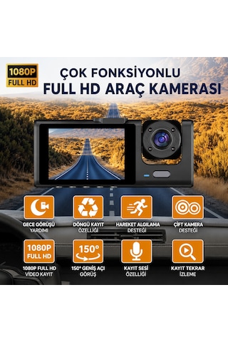 Bagajon C309 3 Kameralı Araç İçi Kamera Full Hd 1080p Ön İç Arka Kamera Gece Görüşlü 150 Geniş Açı G-sensör Döngü Kayıt Dash Cam