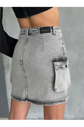 Zeo Basic Kargo Cep Detaylı Grey Ice Wash Mini Denim Etek Gri