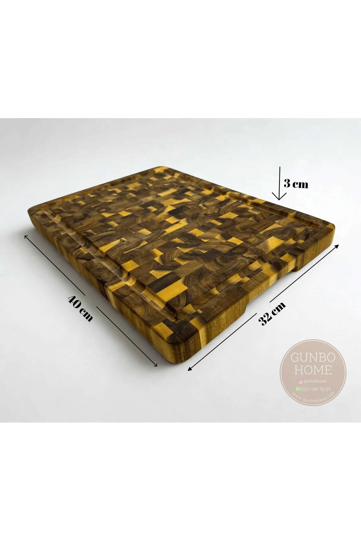 Akasya Kesme Tahtası Xlarge Boy Endgraın 40x32x3 Cm Masif Ahşap Doğrama Tahtası Sunum Tahtası Kahverengi