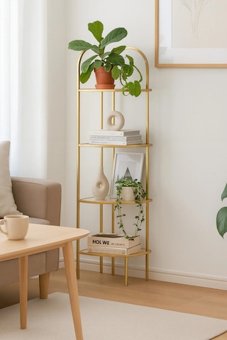 Verona Gold Köşe Kitaplık -füme Cam Temperli Kırılmaz Raflı Dekoratif Aksesuar Çiçeklik Gold