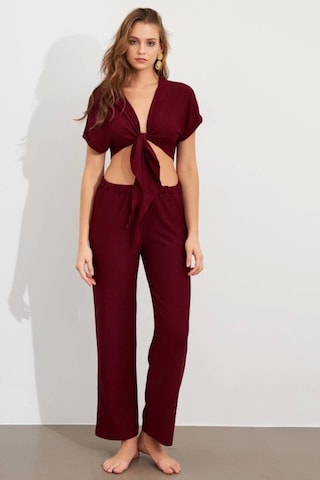 Defymoda Kadın Bürümcük Kumaş Pantolonlu Takım Bordo