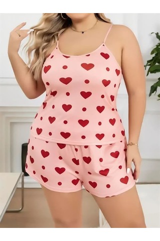 Atyticaret Büyük Beden Pembe Desen Pamuklu Şortlu Pijama Takımı
