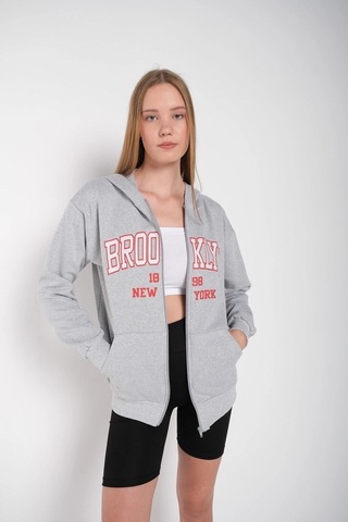 Tarzsokak Kadın Gri Brooklyn Baskılı Oversize Hırka Brooklynhırka