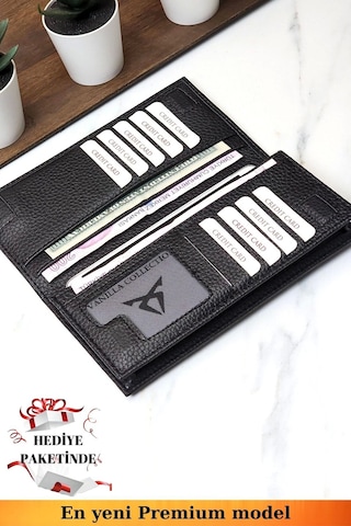 Telefon Bölmeli Unisex Siyah Cüzdan Mıknatıslı Ve El Bantlı Büyük Paraportföy El Çantası Siyah