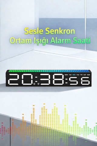 Monozone Dijital Led Masa Saati Ses Ritim Sensörlü Rgb Işıklı Alarm Saat Müzikle Senkron Dekoratif Gece Lambası Siyah