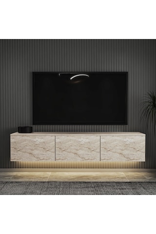 Neon Led Işıklı Duvara Monte,3 Kapaklı Tv Ünitesi,tv Sehpası Sandık Ceviz - Bej Bej