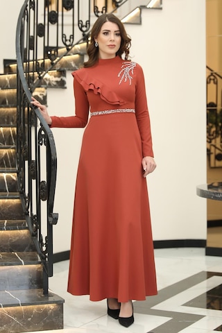 Elif Taşlı Tesettür Elbise Kiremit Kiremit