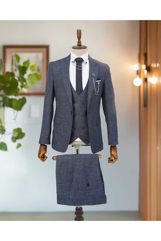 Beystil Sivri Yaka Lacivert Kırçıllı Takım Elbise Storm - Slim Fit Lacivert