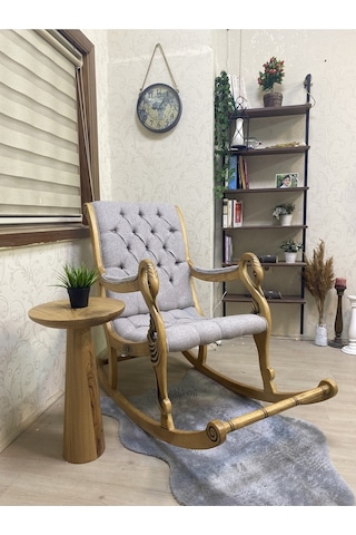 Asedia Vintage Kuğu Naturel Taş Rengi El Oyması Ahşap Sallanan Sandalye Dinlenme Koltuğu