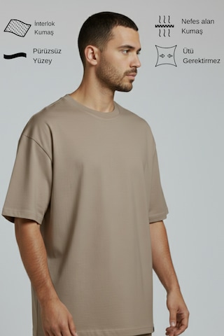 Allunique Erkek Pamuklu Oversize Bisiklet Yaka Vizon T-shirt
