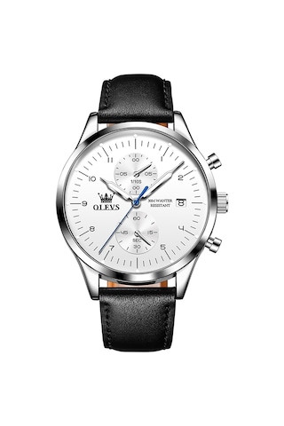 Olevs 2880 Erkekler Çok Fonksiyonlu İş Su Geçirmez Deri Kayış Kuvars Saat Beyaz