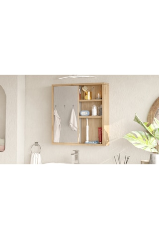 Aqua Aynalı Lavabo Üstü Banyo Dolabı Raflı Kapaklı 60cm Sepet Kahverengi