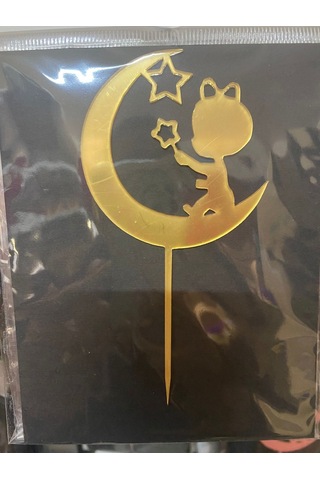 Özel Üretim Tatlı Süsü Parti Malzemesi Ayda Oturan Bebek Gold Pleksi Pasta Üzeri Süs Altın