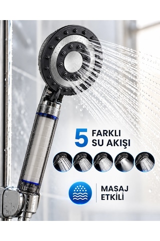 Siyah Filtreli Duş Başlığı 5 Farklı Su Akışı Masaj Etkili Klor Ve Kireç Filtreleme Diğer