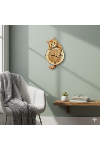 Cajuart Kütük Üzerinden Bakan Sarman Kedi Tasarımlı Duvar Saati Modern Dekoratif Saat Kahverengi