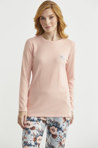 Yumoş Dokulu Desen Kombinli Pijama Takım - Somon Somon