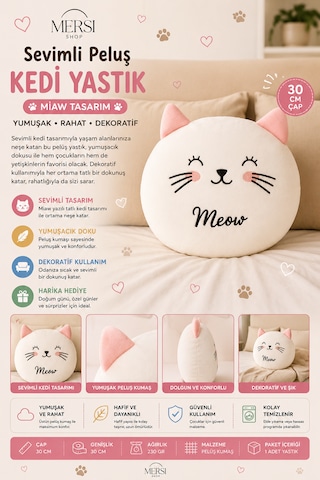 Sevimli Peluş Kedi Yastık 30 Cm Yumuşak Dekoratif Meow Tasarım Yastık Beyaz
