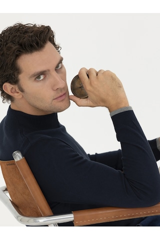 Cacharel Lacivert Slim Fit Pamuk Karışımlı Yarım Balıkçı Basic Triko Kazak