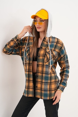 Kadın Desenli Renkli Oduncu Oversize Bol Ve Geniş Kalıp Casual Çift Kapüşonlu Ceket Gömlek Kahverengi - Mavi