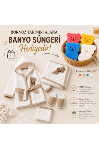 Bebek Bornoz Seti %100 Pamuk 0-1 Yaş Kapüşonlu Yenidogan Ayıcık Nakişli Bornoz Havlu Terlik Kese + 4 Renkli Banyo Süngeri li Beyaz