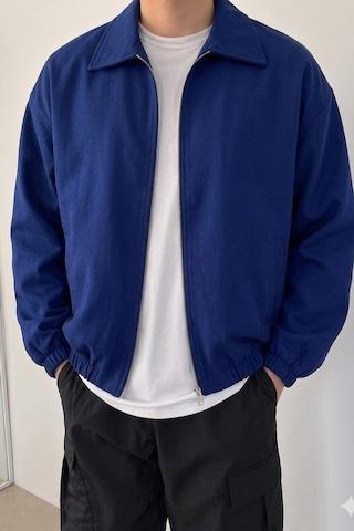 Tarz Cool Erkek Oversize Bomber Ceket Fermuarlı Basic Günlük Şık Mont Lacivert
