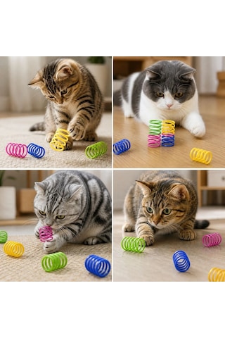 Buffer 4'lü Renkli Spiral Yay Kedi Oyuncağı, Esnek Ve Hareketli Eğlenceli Kedi Oyun Seti