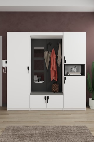 Lüks Aynalı Portmanto Askılı Vestiyer %100 Mdf Çok Raflı Ayakkabılık V04 Beyaz - Antrasit