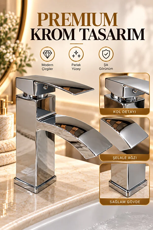 Lavabo Bataryası Şelale Akışlı Krom Banyo Lavabo Musluğu Modern Armatür