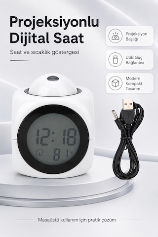 Duvara Yansıtan Projeksiyonlu Dijital Çalar Saat Konuşan Termometreli Led Alarm Masa Saati Beyaz