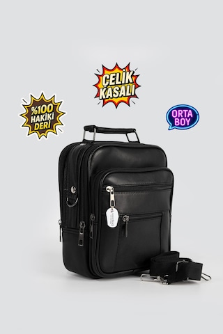 Westbag Erkek Çelik Kasalı Hakiki Deri El Ve Omuz Çantası Ayarlanabilir Askılı Orta Boy Siyah