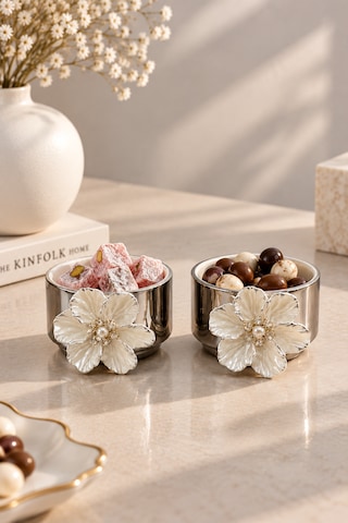 2 Li Porselen Gümüş Kaplama Lotus Kahve Yanı Lokumluk İkramlık Kase Sosluk 50ml