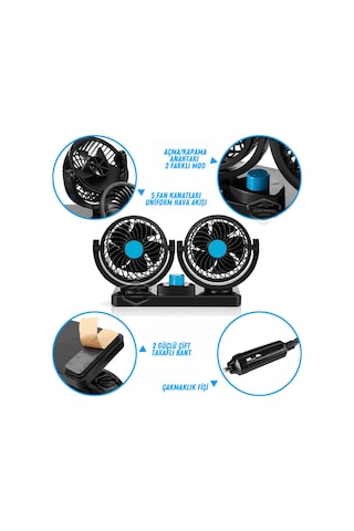 Üniversal Oto Ofis Araç İçi Torpido Üstü Vantilatör Çift Başlıklı Çakmaklık Girişli 2 Kademeli Soğutucu Fan 360 Dönebilen Ultra Sessiz Araç Fanı 12v Mavi 00 Şüscaroto Aksesuar
