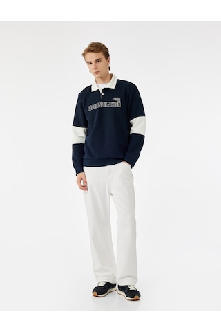 Koton Pamuklu Regular Fit Renk Bloklu Düğmeli Baskılı Polo Yaka Sweatshirt Lacivert 7wam70046mk
