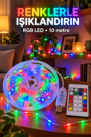 10 Metre Kumandalı Animasyonlu Rgb Led Tel Aydınlatma Çok Renkli