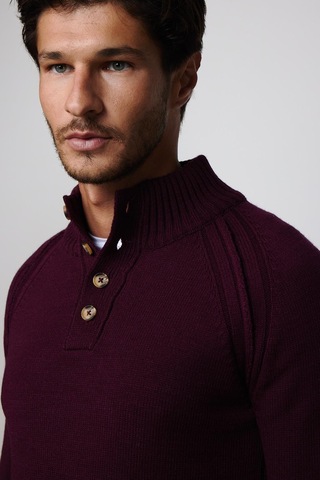Tudors Erkek Slim Fit Dar Kesim Dik Yaka Düğmeli Bordo Triko Triko Kazak-29592-bordo Bordo