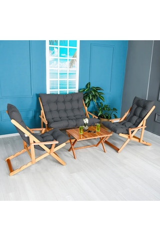 Reyo Bysay Ahşap Katlanabilir Taşinir Puf Minderli Kollu Şezlong Plaj Bahçe Teras Balkon Sandalyesi Koltuğu Takimi 4 Lü Set Antrasit