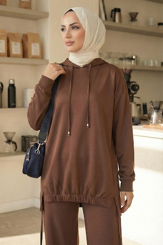 Bestenur Kapüşonlu Tunik Pantolon Takım 1682 - Kahve Kahverengi