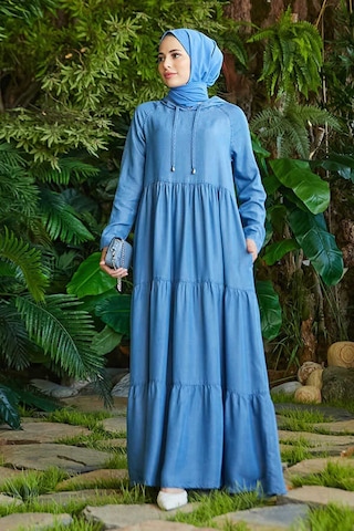 Neways 6531-Kapüşonlu Reglan Kollu Elbise Mavi