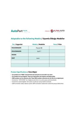 Volkswagen Passat B8 - Golf 7 - Skoda Seat - Leon Cam Açma Düğmesi Sağ