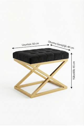 Nexus Babyface Kapitoneli Puf - Gold Metal X Ayaklı Modern Bench 50x40 Cm Siyah