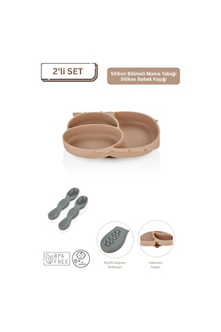 2'li Silikon Bebek Beslenme Seti / Bölmeli Mama Tabağı / Mama Kaşığı Mocca